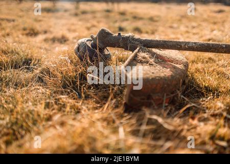 Mowing tall grass with electric or petrol lawn trimmer in city park or backyard.  Stock Photo