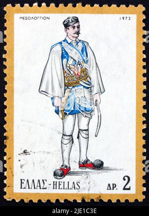 GREECE - CIRCA 1972: a stamp printed in Greece shows man from Missolonghi, Greek Regional Costume, circa 1972 Stock Photo