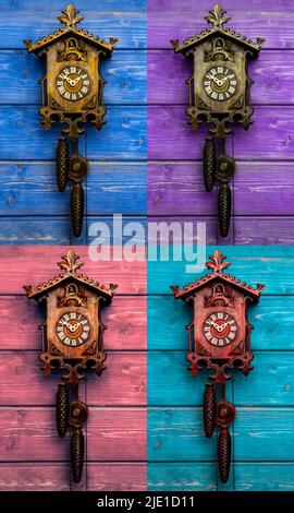 old Black Forest cuckoo clock, photographed in the style of Andy Warhol Stock Photo