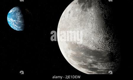 planet earth and moon in space starry background cosmic solar stars Stock Photo