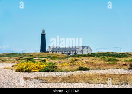 The old lighthouse at Dungeness in Kent viewed from the Nature reserve Stock Photo