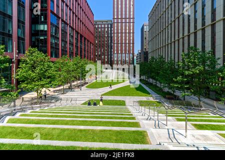 Blocks 4, 5 and 6, and the Vita student apartment block,  from 'The Green' at the Circle Square development, Manchester, England, UK Stock Photo