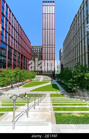 Blocks 4, 5 and 6, and the Vita student apartment block, from Symphony Park at the Circle Square development, Manchester, England, UK Stock Photo
