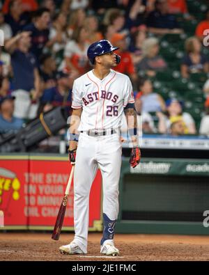 Houston Astros' Jose Siri watches his line drive triple against the Oakland  Athletics during the third inning of a baseball game in Oakland, Calif.,  Monday, May 30, 2022. (AP Photo/John Hefti Stock