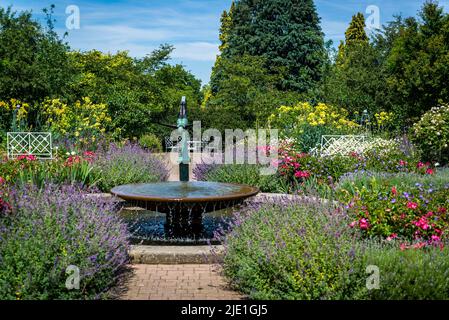 Water fountain in Cottage Garden in June, RHS Wisley Gardens, Surrey, England, UK Stock Photo