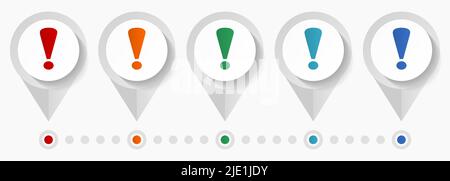 Exclamation sign concept vector icons, editable infographic template, set of colorful flat design pointers Stock Vector