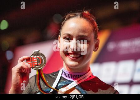 Berlin, Germany. 24th June, 2022. Gymnastics: German championship, decision all-around, women. Sarah Voss wins the gold medal. Credit: Christophe Gateau/dpa/Alamy Live News Stock Photo