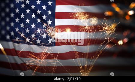 American flag waving with fireworks celebrating 4th of July. Independence, Memorial, Celebration, Fireworks concept. Stock Photo