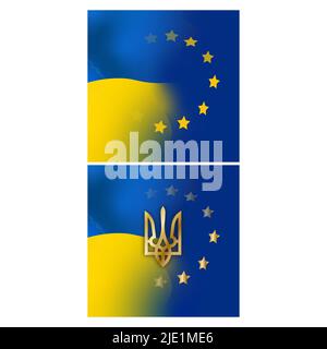flag Ukraine and shield EU. Realistic 3d Ukrainian illustration with flag of Ukraine and shield of European Union isolated on white background. Europe Stock Vector