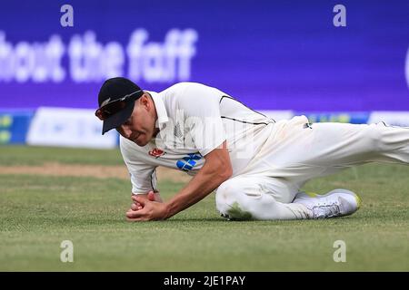 Leeds, UK. 24th June, 2022. Neil Wagner of New Zealand fields the ball Credit: News Images /Alamy Live News Stock Photo