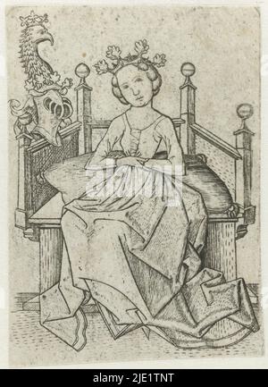 Lady with the knight's helmet, A lady wearing a crown with leaf-shaped decorations sits on a cushion on a wooden chair. On the left hand side of the railing a helmet with the helmet sign being the head of a bird with a long neck and a crown on it., print maker: Meester E.S., c. 1440 - c. 1468, paper, engraving, height 90 mm × width 64 mm Stock Photo