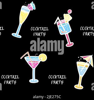 Pattern with cocktails with lettering Cocktail party. Drinks with ice, fruits, berries, alcohol on a black background. Stock Vector