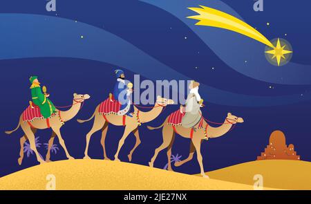 The Three Wise Men, Magi, or Three Kings, Melchior, Caspar and Balthasar on camels back, heading to the city of Bethlehem following the Star. Stock Vector