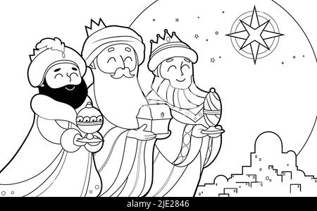 Three Wise Men cartoon characters outline vector drawing for children coloring book page. Line art, line drawn vector drawing, nativity or epiphany. Stock Vector