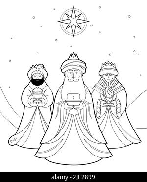 Three Wise men, three magi outline vector illustration for coloring book page for children. Epiphany bible cartoon isolated line art characters. Stock Vector