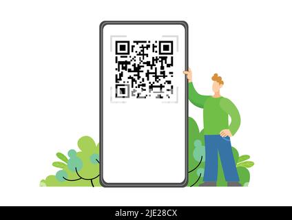 Character young man holding smartphone with qr code on screen. Concept of qr code scanning template. Flat vector illustration isolated. Stock Vector