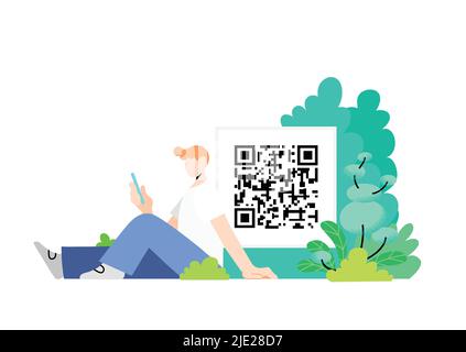 Sitting young man holding smartphone with qr code in background. Decorative plants and trees in background. Qr code scanning template for application. Stock Vector