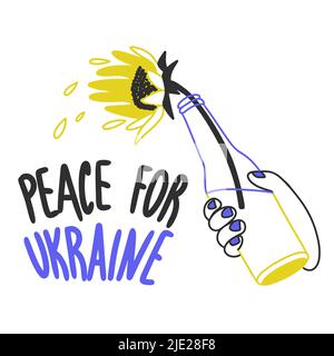 Peace for Ukraine, patriotic symbols, a hand holds a bottle with a sunflower flower, blue, yellow and black color, lettering, outline, doodle pattern Stock Vector