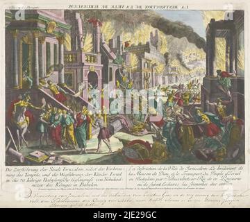 The destruction of the city of Jerusalem, Die Zerstöhrung der Stadt Ierusalem (...) (title on object), View of a street in a burning city, with Roman-looking soldiers wreaking havoc, looting valuables, killing or capturing people. Below the image the expanded title in German and French, publisher: Kaiserlich Franziskische Akademie, (mentioned on object), print maker: anonymous, Jozef II (Duits keizer), (mentioned on object), publisher: Augsburg, print maker: Germany, 1755 - 1779, paper, etching, brush, height 335 mm × width 435 mm Stock Photo