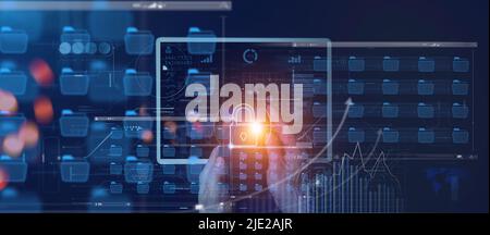 Cyber security and data protection information privacy internet technology concept.Businessman working on smartphone digital tablet computer show Stock Photo