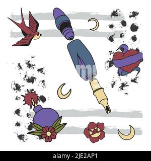 Tattoo machine, tattoo equipment, sketch of bird, heart, flower, gun, bomb, moon, old school style, outline lines ornaments doodle style ink backgroun Stock Vector