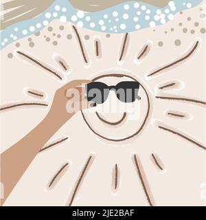 Summer vector illustration, beach, sea, drawn sun on sand, emoticon, hand holding glasses, vacation, emoticon, summer, doodle style drawing Stock Vector
