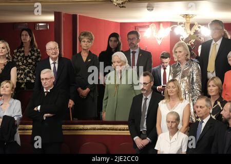 King Albert II of Belgium, Queen Paola of Belgium and Princess Astrid of Belgium pictured during the 'Concert of Belgian-Italian friendship' in the presence of members of the Royal Family, in the Liege Opera House, Friday 24 June 2022. BELGA PHOTO BRUNO FAHY