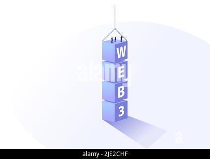 Web 3.0 software development concept. Vector illustration of text blocks that are being constructed by software developers. Minimalistic bird's eye vi Stock Vector