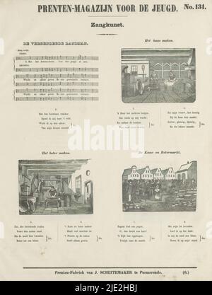 Print magazine for young people / Singing art (title on object), Great and good (series title on object), Sheet with music piece 'The obliging countryman' and 3 representations: the cheese making, the butter making and the cheese and butter market. Below the representations are various verses of the musical composition. Numbered top right: No. 131, bottom left: (6.), publisher: Jan Schuitemaker, (mentioned on object), print maker: anonymous, publisher: Purmerend, print maker: Netherlands, 1853, paper, letterpress printing, height 410 mm × width 326 mm Stock Photo