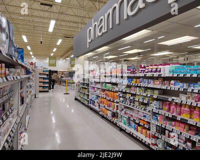 TORONTO, CANADA - June 23, 2022: Image of various medicines arranged on shelves at the pharmacy.  Aisle. Grocery store. Merchandise.  Shopping. Stock Photo
