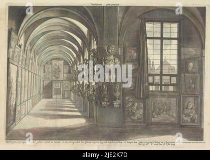View of part of the Stallburg Gallery of Archduke Leopold William of Austria, Porticuum prospectus (title on object), With paintings and portrait busts. Below a one-line explanation of the dimensions of the gallery. This print is part of an album., print maker: Franciscus van der Steen, (mentioned on object), after drawing by: Nikolaas van Hoy, (mentioned on object), publisher: David Teniers (II), print maker: Vienna, after drawing by: Vienna, publisher: Brussels, 1660, paper, etching, height 283 mm × width 393 mm Stock Photo