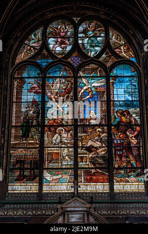Education of Louis IX stained glass window inside Saint-Eustache Church. Paris, France. 05/2009 Stock Photo