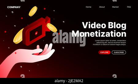 Video Blog Monetization. Landing Page for Video Platform Service Website. Vector illustration Stock Vector