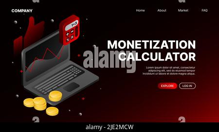 Monetization Calculator Service. Red Landing Page for Video Platform Website. Vector illustration Stock Vector