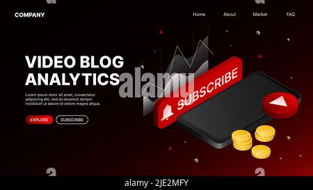 Website Landing Page for Video Blog Analytics. Vector illustration Stock Vector