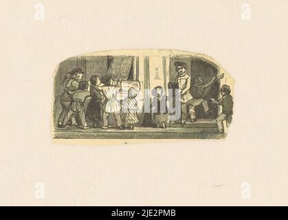 Children in front of the window of a bookstore, In the window a sign with Omnibus 2000., print maker: anonymous, c. 1850, paper, height 39 mm × width 83 mm Stock Photo