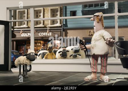 SHAUN, BITZER, THE FARMER, SHAUN THE SHEEP MOVIE, 2015 Stock Photo