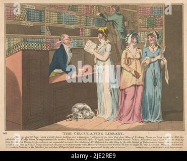 Three women in a lending library, The circulating library (title on object), In front of the counter stands a woman with a catalog in her hands. She is discussing the offering with the librarian, a man with a quill behind his ear who is standing on the other side of the counter. In the background, a man on a ladder is putting books back., print maker: anonymous, publisher: Laurie & Whittle, (mentioned on object), London, 1804, paper, etching, height 200 mm × width 252 mm Stock Photo