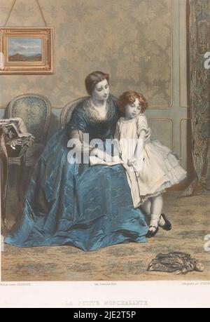 Woman and a girl reading together, La petite nonchalante (title on object), Interior with a woman in a dress on a chair with a book in her lap. Next to her is a young girl. The woman is pointing with her finger to a word in the text. The girl has turned her head away and is looking at the doll lying on the floor., print maker: Stadler, (mentioned on object), after painting by: Gustave Léonard De Jonghe, (mentioned on object), printer: Joseph Rose Lemercier, (mentioned on object), printer: Paris, publisher: New York (city), Oct-1861, paper, height 474 mm × width 373 mm Stock Photo