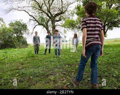 CADEN M. FRITZ, LUCAS JADE ZUMANN, ROBERT DANIEL SLOAN, OLIVIA RAINEY, LAILA HALEY, DARTANIAN SLOAN, SINISTER 2, 2015 Stock Photo