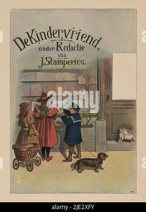 Three children in front of the window of a bookstore, print maker: anonymous, after design by: Cornelis Jetses, (mentioned on object), publisher: Albertus Willem Sijthoff, Leiden, c. 1910, paper, height 241 mm × width 177 mm Stock Photo