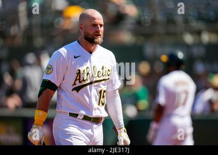 Oakland Athletics Infielder Seth Brown (15) during an MLB game between Seattle Mariners and Oakland Athletics at the RingCentral Coliseum in Oakland, Stock Photo