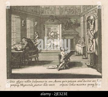 Printmaking, The workshop of a printmaker. At a table near the window, a man is working a burin into a copper plate. The plate lies on a cushion. At the same table sits an apprentice boy. He watches the boy who, sitting on a chair, is copying the large sculpture in the workshop. On the floor is his first sketch. Through the doorway there is a view of a printer's workshop. There a man works on a plate press, while the boy next to him inks the copper plate. Below the depiction four lines of text in Latin., print maker: Mathäus Küsel, Augsburg, 1680, paper, etching, height 136 mm × width 162 mm Stock Photo