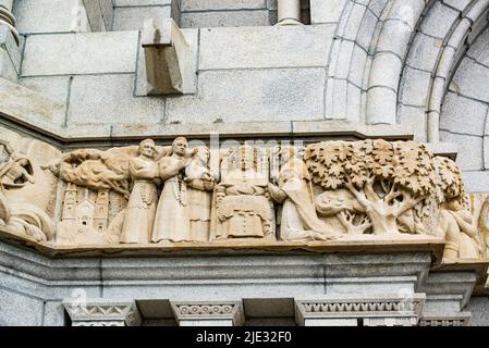 Sainte anne de beaupre, Canada - May 24 2022: Front facade and statue at the gate of Sanctuaire de Sainte-Anne-de-Beaupré Stock Photo