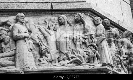 Sainte anne de beaupre, Canada - May 24 2022: Front facade and statue at the gate of Sanctuaire de Sainte-Anne-de-Beaupré Stock Photo