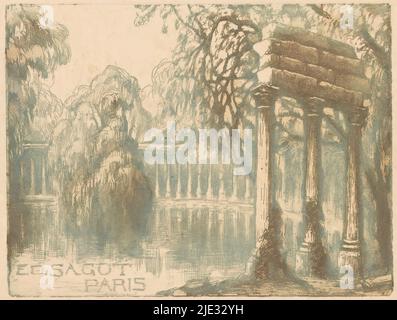 Business card of print dealer Edmond Sagot in Paris, Pond with trees and an antique colonnade., print maker: Alfredo Müller, (mentioned on object), publisher: Edmond Sagot, (possibly), Paris, c. 1890 - 1917, paper, etching, height 97 mm × width 128 mm Stock Photo