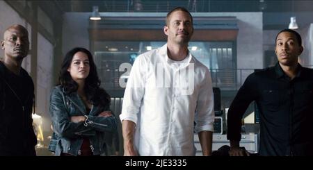 TYRESE GIBSON, MICHELLE RODRIGUEZ, PAUL WALKER, CHRIS 'LUDACRIS' BRIDGES, FAST and FURIOUS 7, 2015 Stock Photo