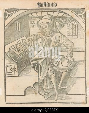 Prophet Isaiah, Departure with the prophet Isaiah behind a wooden writing table, in front of him an open book with Hebrew letters. From the window, a dove flies in as a symbol of the Holy Spirit., print maker: anonymous, c. 1500, paper, letterpress printing, height 201 mm × width 146 mm Stock Photo