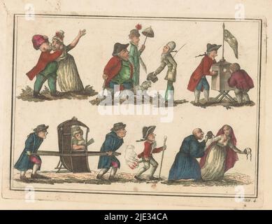 Five caricatured representations, A man kissing a woman; a man taking off his hat in front of a couple with a dog; a man looking through the window of a picture box with an English flag on top, next to it the owner of the picture box; a woman in a stretcher carriage, in front of it a man holding a torch and a man and a woman both holding masks. Numbered in the lower right: HHH 4., print maker: anonymous, after print by: Thomas Rowlandson, after design by: George Moutard Woodward, c. 1800 - c. 1850, paper, etching, height 148 mm × width 206 mm Stock Photo