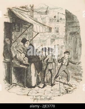 Mr. Brownlow is robbed while looking at a book in front of a book stall, Oliver amazed at the Dodger's mode of 'going to work' (title on object), The two thieves are Charley Bates and Artful Dodger, Oliver Twist looks on in horror., print maker: George Cruikshank, (mentioned on object), publisher: Richard Bentley (uitgever), London, 1838, paper, etching, height 175 mm × width 116 mm Stock Photo